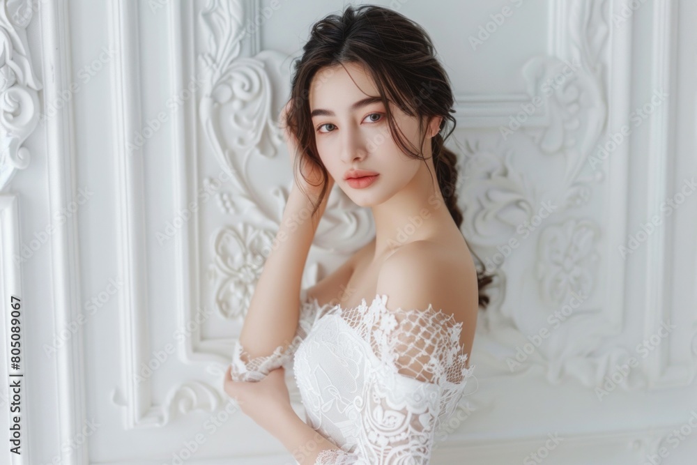 a beautiful asian woman wearing an elegant white dress standing in an elegant study with clean white walls a beautiful asian woman wearing an elegant white dress standing in an elegant study with clean white walls