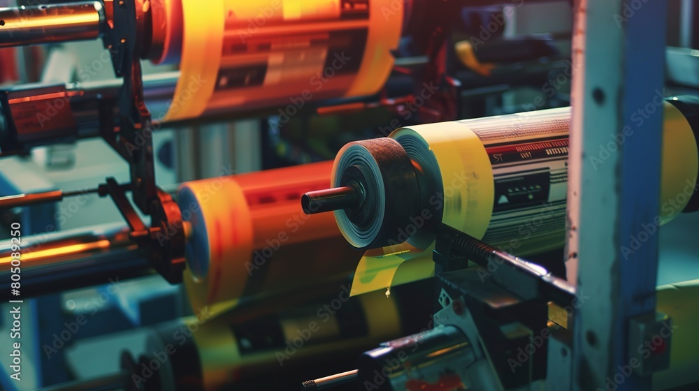 Printing machinery printing labels, close-up on rollers and ink, vibrant colors, clear focus, factory light. 