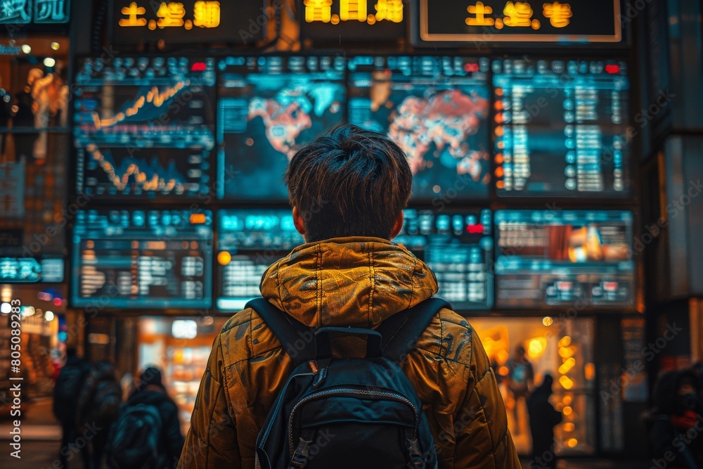 A person from behind looking at large stock market exchange boards with various financial data A person from behind looking at large stock market exchange boards with various financial data