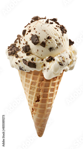 Vanilla Ice Cream Crushed Chocolate Cookies on Waffle Cone Transparent Background