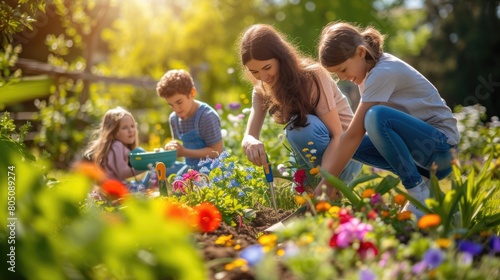 A happy family enjoying leisure time  picking beautiful flowers in a natural landscape surrounded by plants  trees  and grass. AIG41