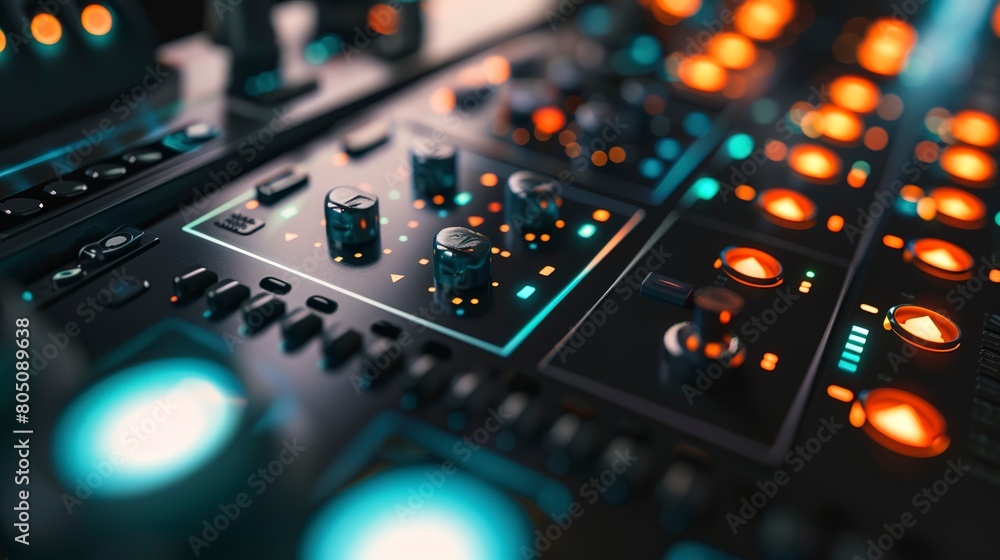 Close-up of an automation controller panel, glowing buttons and screens, clear labels, soft backlight. Close-up of an automation controller panel, glowing buttons and screens, clear labels, soft backlight.
