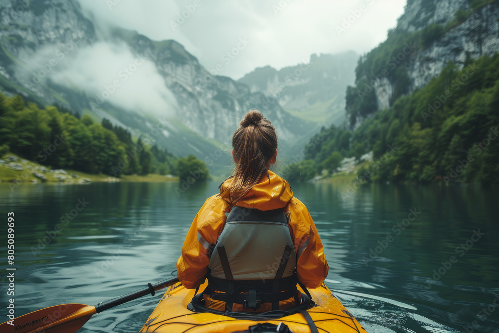Young woman kayaking alone on a tranquil mountain lake. AI generated.