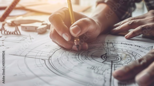 Close-up of an engineer's hands sketching a machine part, detailed pencil strokes, warm desk light. 