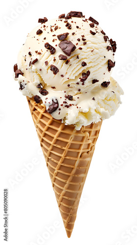 Vanilla Ice Cream Crushed Chocolate Cookies on Waffle Cone Transparent Background