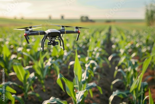 Agricultural drone flying over green crop field 
