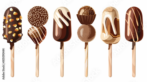Different chocolate covered ice cream on stick agains photo