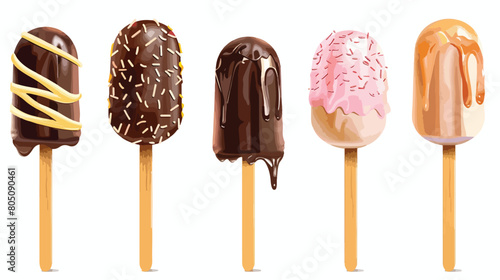 Different chocolate covered ice cream on stick agains photo