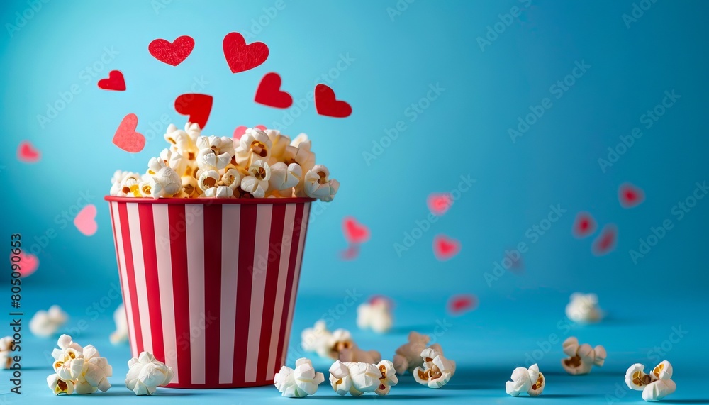 Valentine's day popcorn with hearts flying out of the bucket.
