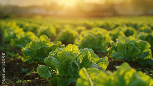 Bathed in the warm hues of sunset, lettuce plants stretch across the agricultural fields, a tranquil sight of nature's bounty