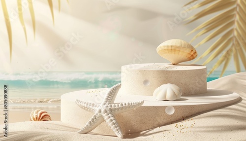 A summer beach-themed podium with a sand and sea backdrop, perfect for showcasing holiday products or beach-related advertisements