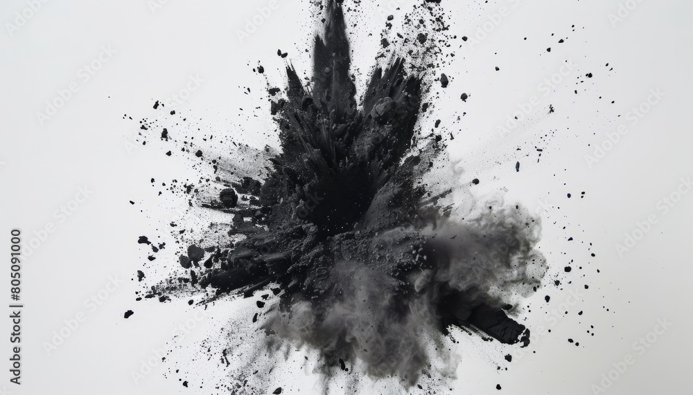 An explosion of black charcoal powder against a white background, creating an intense burst effect, suitable for dramatic and abstract art presentations An explosion of black charcoal powder against a white background, creating an intense burst effect, suitable for dramatic and abstract art presentations