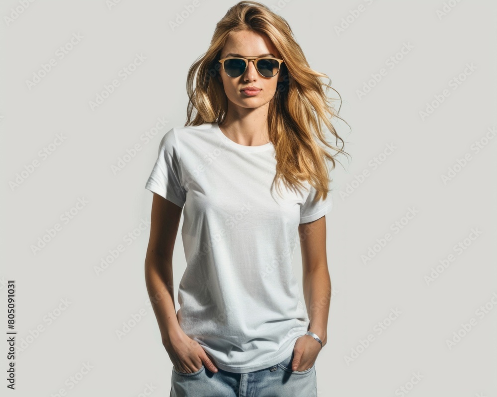 A mockup of an attractive blond woman wearing a white blank t-shirt A mockup of an attractive blond woman wearing a white blank t-shirt