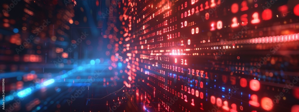 Digital binary code background with glowing light rays and data flowing through the screen, creating an abstract tech concept. Digital binary code background with glowing light rays and data flowing through the screen, creating an abstract tech concept.