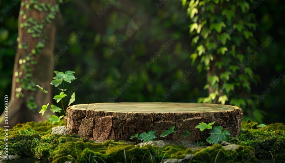 A forest-themed podium with elements of wood and stone, set in a lush green environment, perfect for eco-friendly product presentations or nature-centric displays A forest-themed podium with elements of wood and stone, set in a lush green environment, perfect for eco-friendly product presentations or nature-centric displays