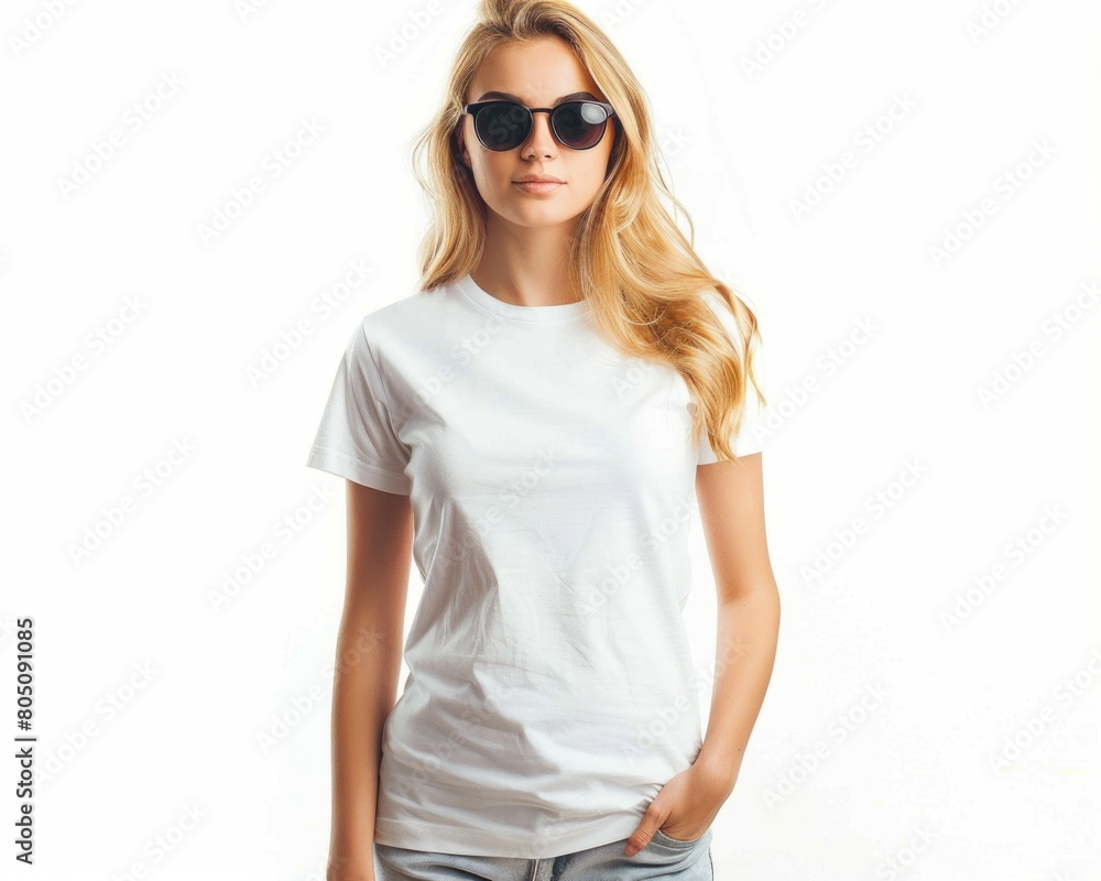 A mockup of an attractive blond woman wearing a white blank t-shirt A mockup of an attractive blond woman wearing a white blank t-shirt