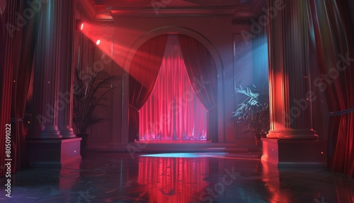 A theatrical stage with a red spotlight and curtains, creating a dramatic setting for shows or award ceremonies in a luxurious environment