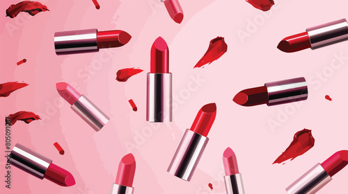 Different red lipsticks flying on pink background Vector