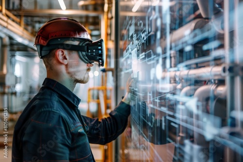 A technician wearing a head-mounted display scans a QR code on a building wall. The display instantly overlays the physical space with a detailed BIM model, revealing the location of hidden pipes