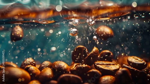 Coffee beans in water with drops of water.
