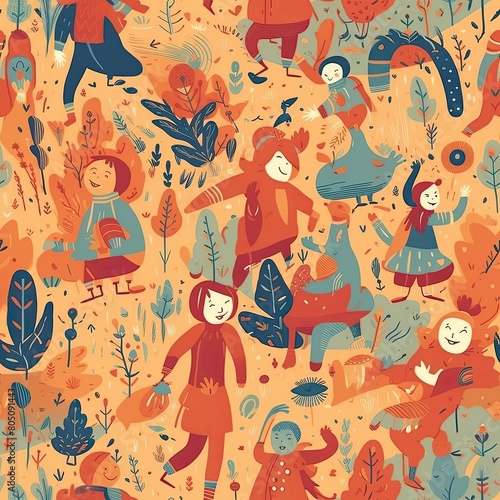 Fantasy scene of joyful children tile as Seamless fabric.