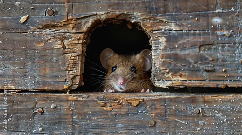 A mouse cautiously emerges from its hole in the house wall.