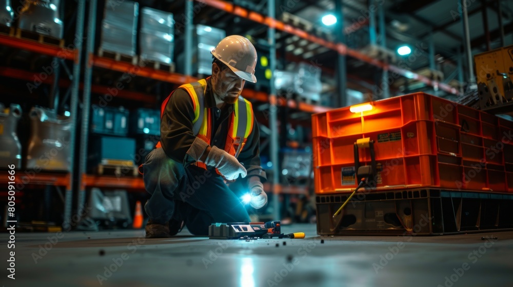 technician vest and hard hat, holding a flashlight while kneeling down to work underneath the loading dock inside a big warehouse. In front are a tool box and other instruments used for maintenance.