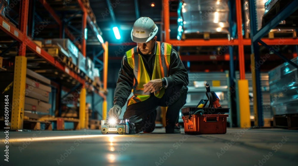 technician vest and hard hat, holding a flashlight while kneeling down to work underneath the loading dock inside a big warehouse. In front are a tool box and other instruments used for maintenance. technician vest and hard hat, holding a flashlight while kneeling down to work underneath the loading dock inside a big warehouse. In front are a tool box and other instruments used for maintenance.