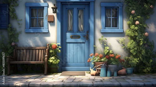 A quaint cottage door painted in a cheerful shade of blue, inviting guests with a warm welcome