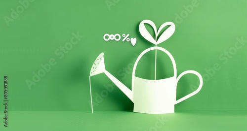 minimalist paper cutout of watering can with heartshaped leaf and green background