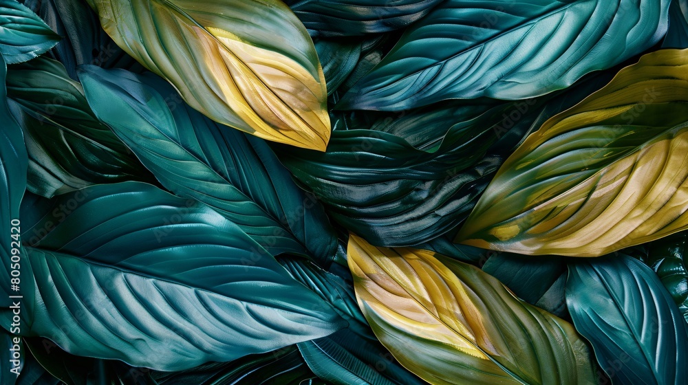 Abstract leaves background, a pattern that mimics nature's colors. Colorful plant texture, a representation of leaf design.