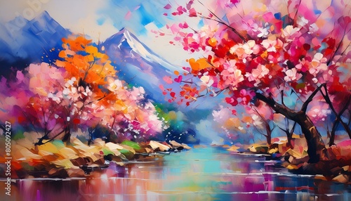 Watercolor painting of cherry blossoms, the concept is very beautiful, with blurred background