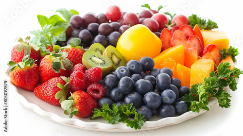 A variety of fruits  including strawberries  grapes  and kiwis  beautifully arranged on a plate  is a healthy food option on white background. Generative ai illustration.