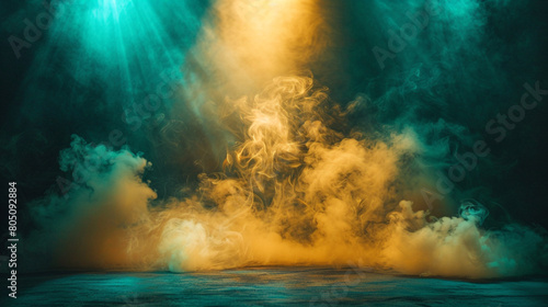 Soft golden yellow smoke curling across a stage under a bright teal spotlight, casting a warm, inviting atmosphere.