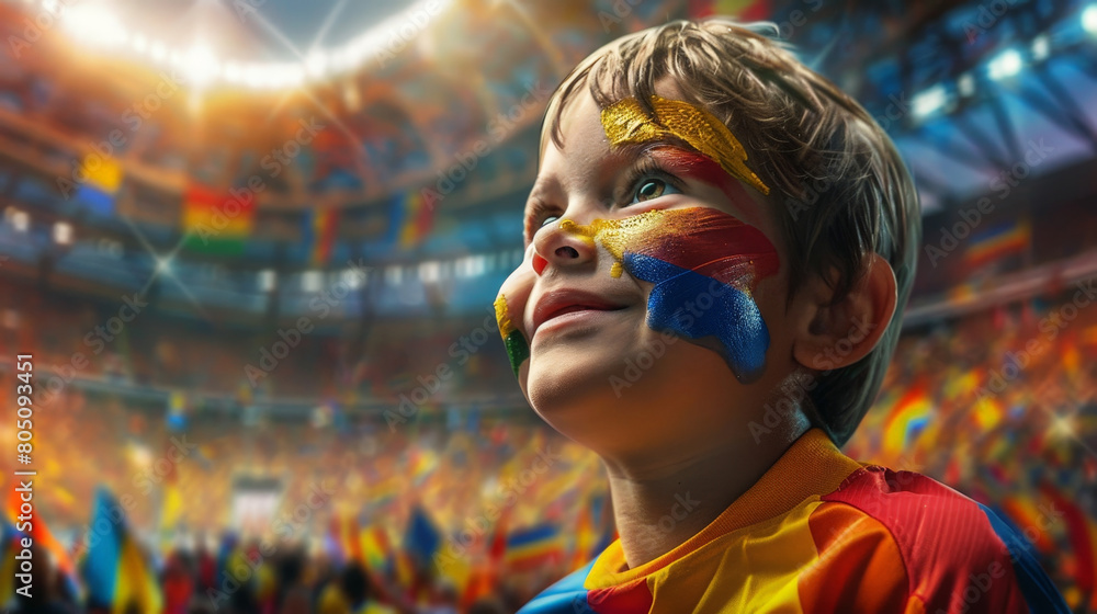 Joyful Young Fan with Painted Face Cheering at a Crowded Soccer Stadium