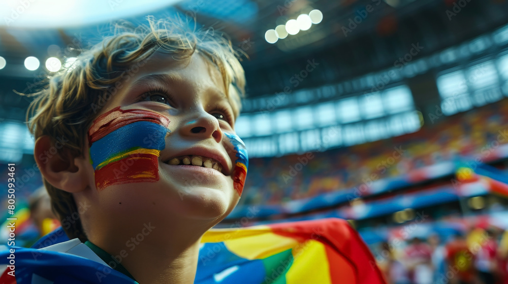 Joyful Young Fan with Painted Face Cheering at a Crowded Soccer Stadium