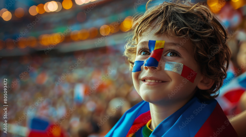 Joyful Young Fan with Painted Face Cheering at a Crowded Soccer Stadium