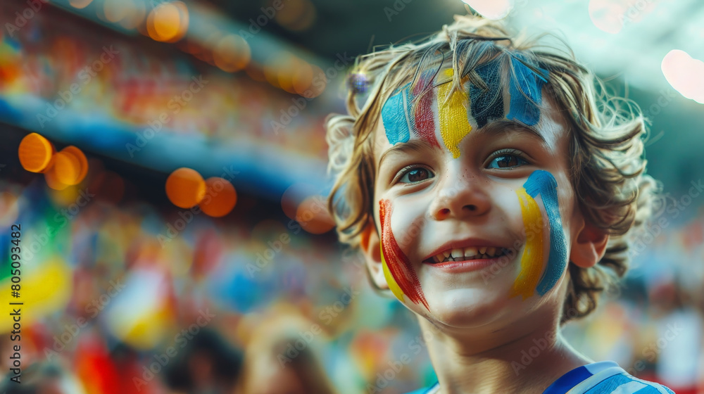 Joyful Young Fan with Painted Face Cheering at a Crowded Soccer Stadium