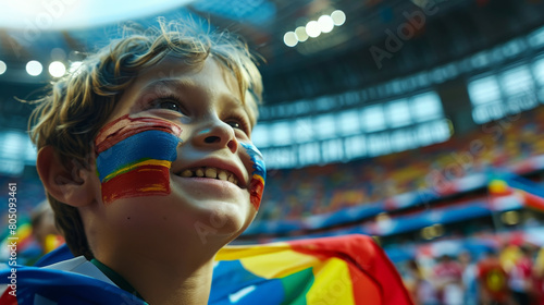 Obraz na płótnie Joyful Young Fan with Painted Face Cheering at a Crowded Soccer Stadium w salonie