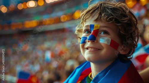Obraz na płótnie Joyful Young Fan with Painted Face Cheering at a Crowded Soccer Stadium w salonie