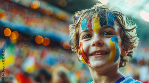Obraz na płótnie Joyful Young Fan with Painted Face Cheering at a Crowded Soccer Stadium w salonie