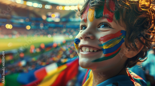 Obraz na płótnie Joyful Young Fan with Painted Face Cheering at a Crowded Soccer Stadium w salonie