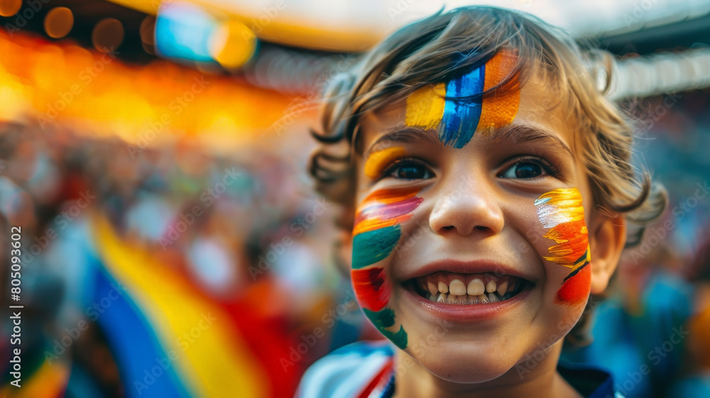 Joyful Young Fan with Painted Face Cheering at a Crowded Soccer Stadium
