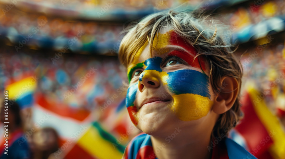 Joyful Young Fan with Painted Face Cheering at a Crowded Soccer Stadium
