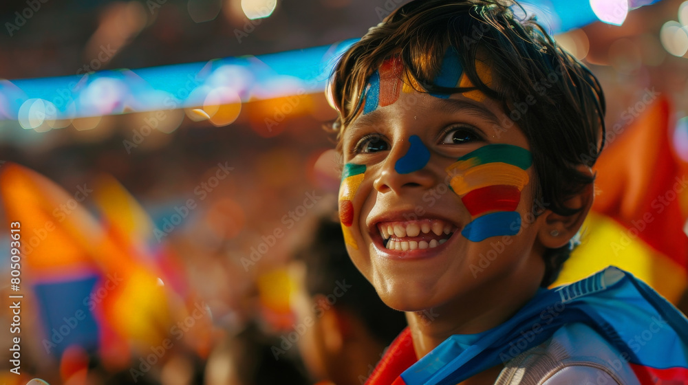 Joyful Young Fan with Painted Face Cheering at a Crowded Soccer Stadium