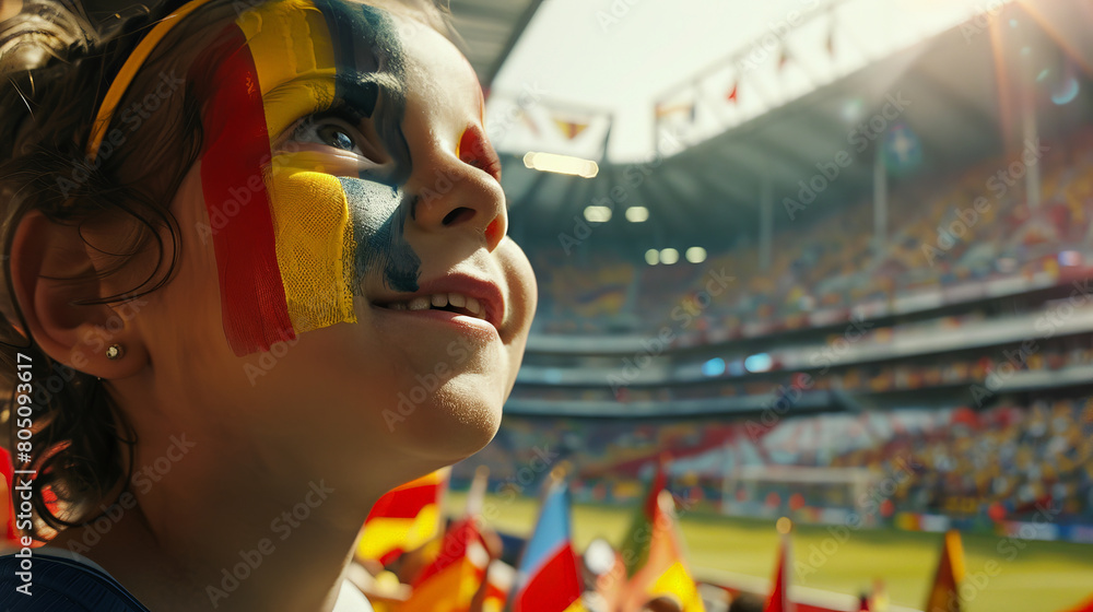 Joyful Young Fan with Painted Face Cheering at a Crowded Soccer Stadium