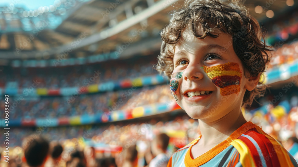 Joyful Young Fan with Painted Face Cheering at a Crowded Soccer Stadium
