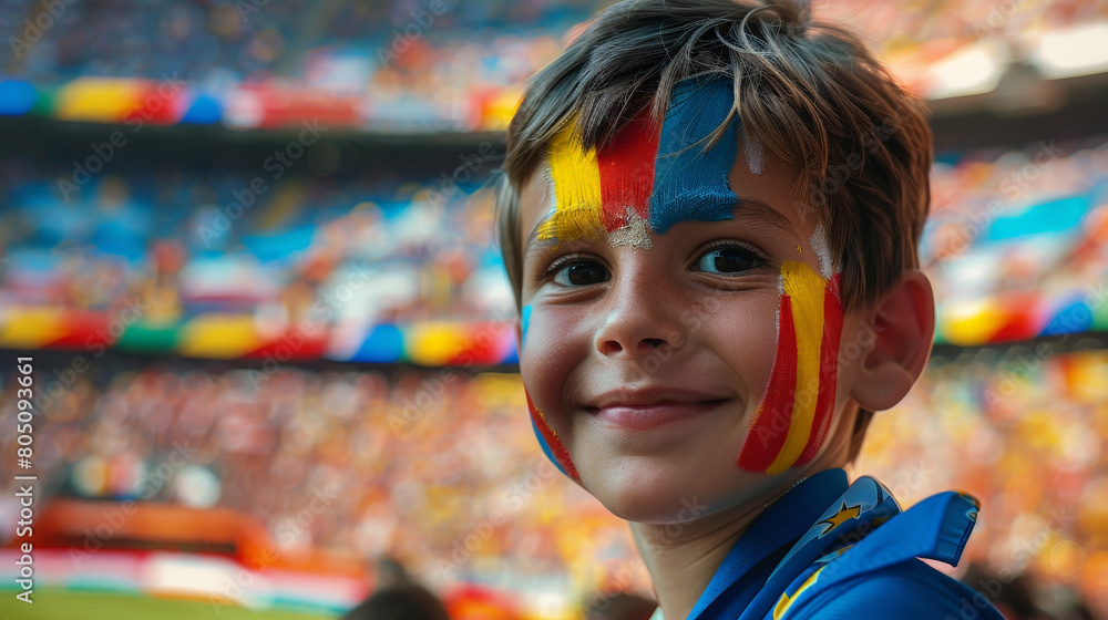 Joyful Young Fan with Painted Face Cheering at a Crowded Soccer Stadium