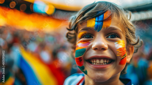 Obraz na płótnie Joyful Young Fan with Painted Face Cheering at a Crowded Soccer Stadium w salonie