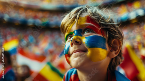Obraz na płótnie Joyful Young Fan with Painted Face Cheering at a Crowded Soccer Stadium w salonie
